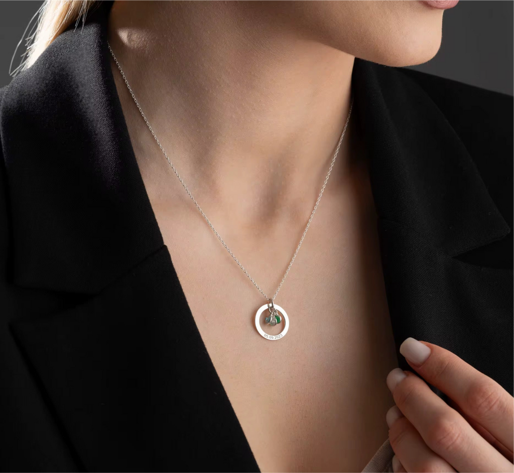 Personalized Birthstone Circle Necklace – Custom Name Family Pendant