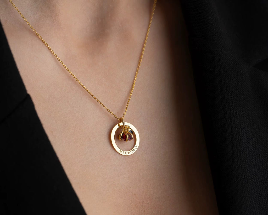 Personalized Birthstone Circle Necklace – Custom Name Family Pendant