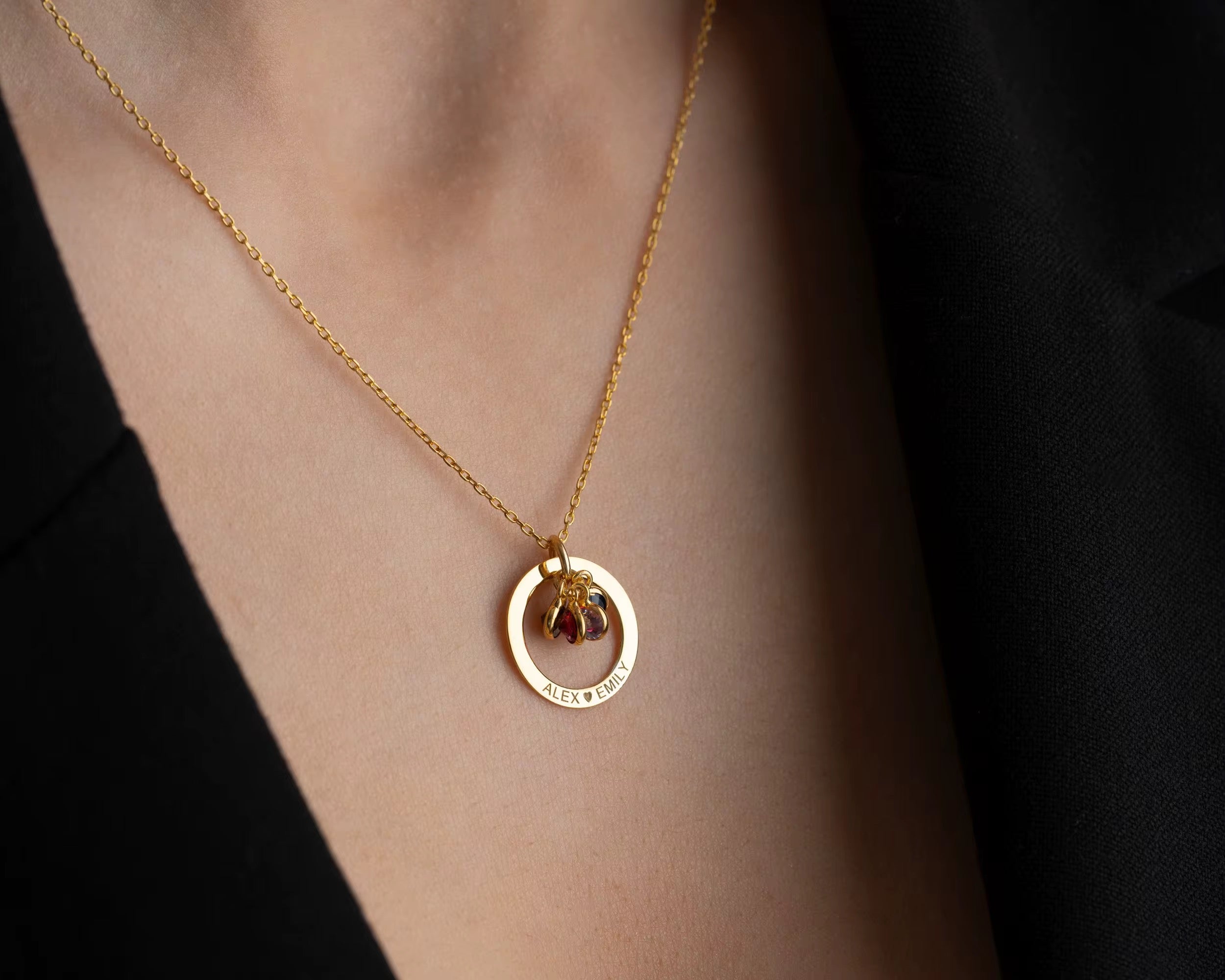 Personalized Birthstone Circle Necklace – Custom Name Family Pendant