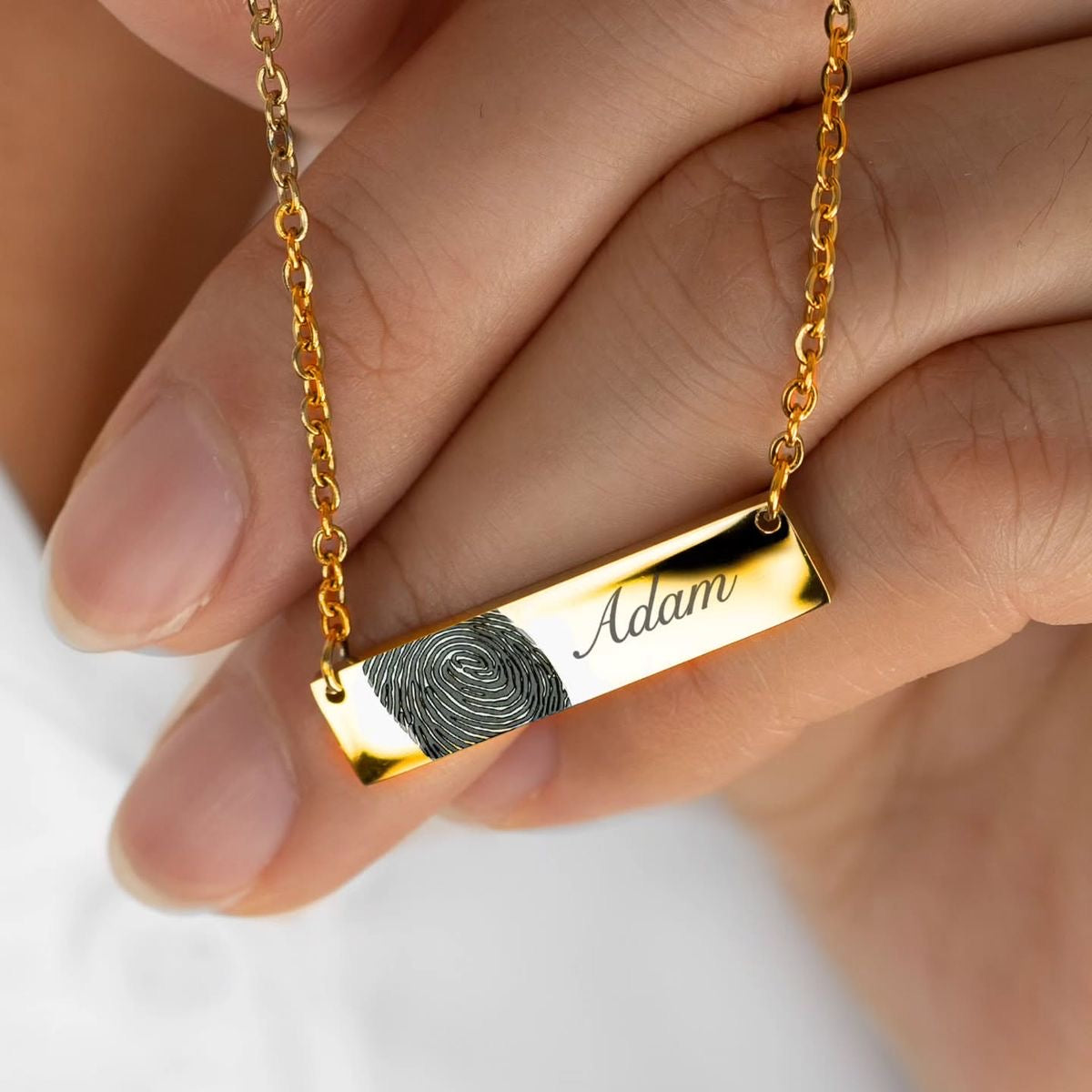 Personalized Fingerprint Bar Necklace with Name Engraving – Custom Gold Name Pendant Gift for Him & Her