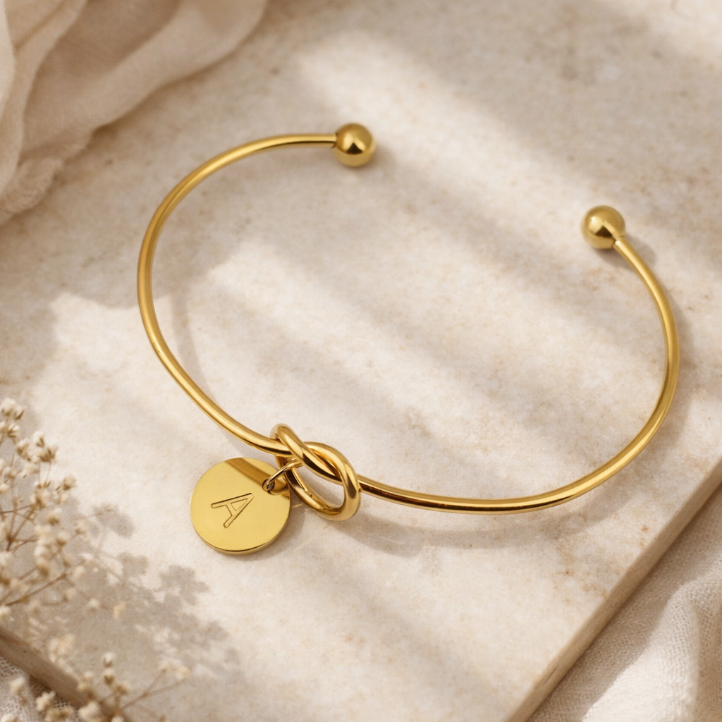 Personalized Initial Charm Bracelet – Gold Bangle with Custom Letter